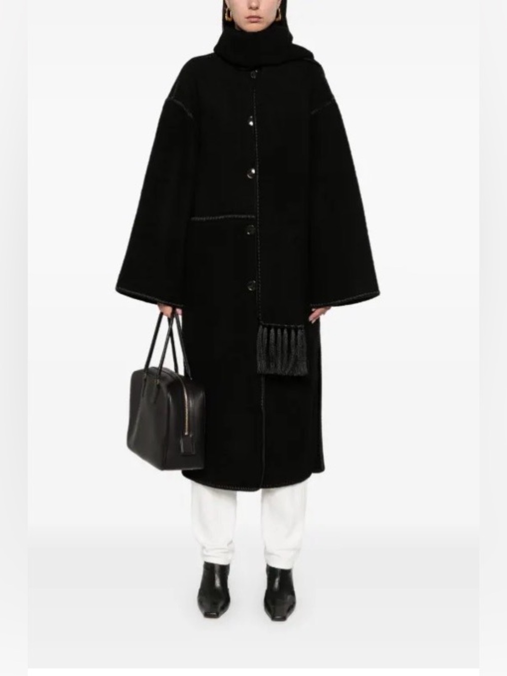 TOTEME Draped fringed wool-blend bouclé coat. Black Size IT44 US 8/10. $1500